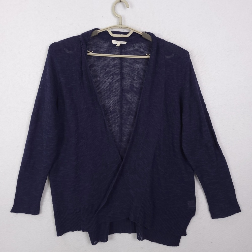 Eileen Fisher Cardigan Woman 1X Navy Blue Organic Linen Cotton Open Front Knit